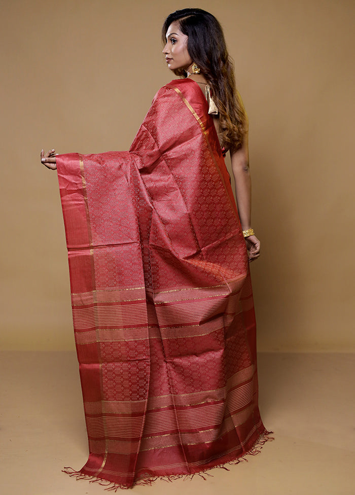 Red Tussar Silk Saree With Blouse Piece