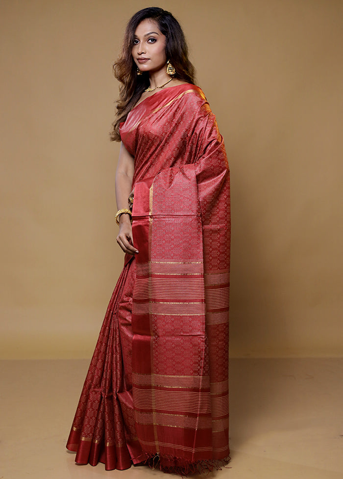 Red Tussar Silk Saree With Blouse Piece