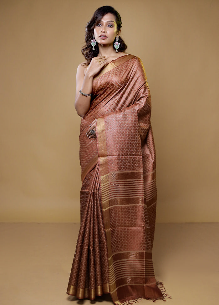 Rust Tussar Silk Saree With Blouse Piece