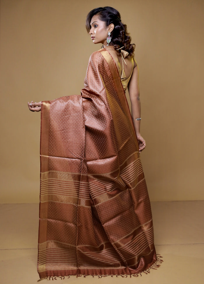 Rust Tussar Silk Saree With Blouse Piece