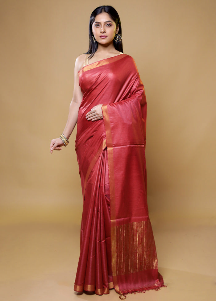 Red Tussar Silk Saree With Blouse Piece