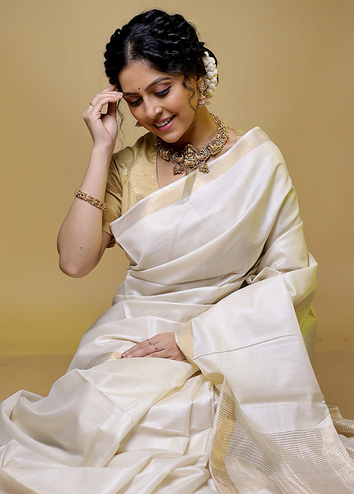 White Tussar Silk Saree With Blouse Piece