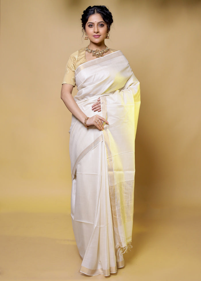 White Tussar Silk Saree With Blouse Piece