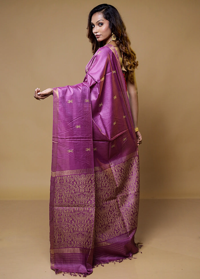 Purple Handloom Tussar Pure Silk Saree With Blouse Piece