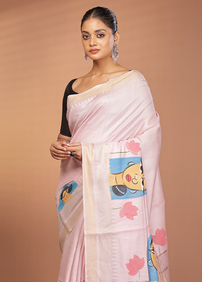 Cream Handloom Tussar Pure Silk Saree With Blouse Piece