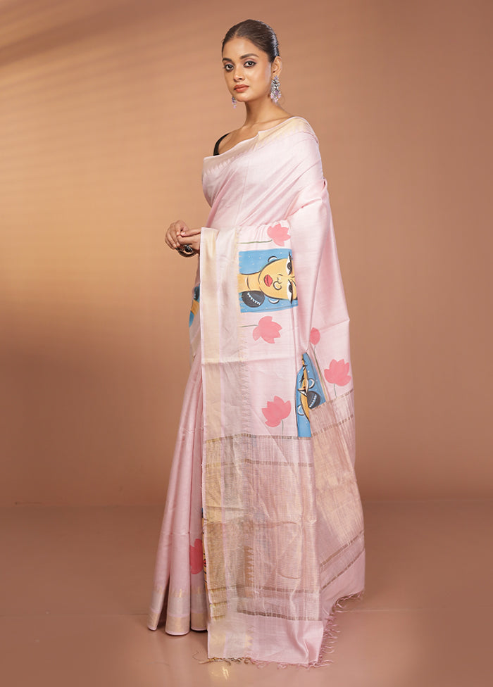 Cream Handloom Tussar Pure Silk Saree With Blouse Piece