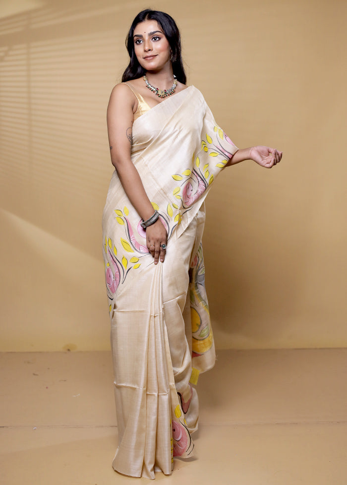 Cream Handloom Tussar Pure Silk Saree With Blouse Piece