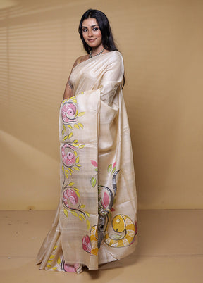 Cream Handloom Tussar Pure Silk Saree With Blouse Piece