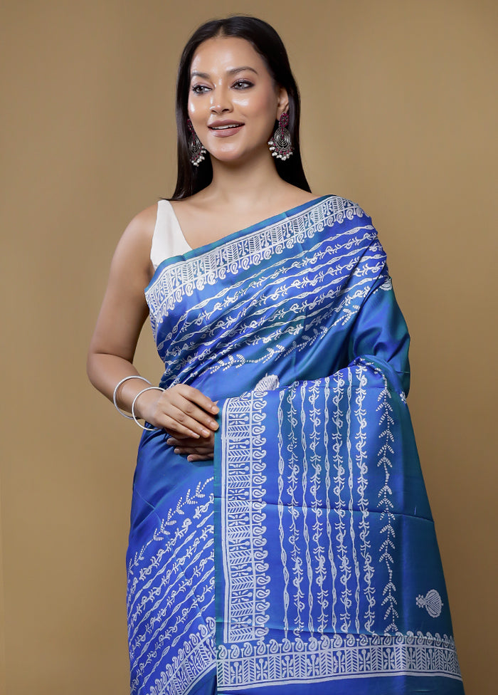 Blue Pure Sonamukhi Printed Silk Saree Without Blouse Piece