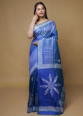 Blue Pure Sonamukhi Printed Silk Saree Without Blouse Piece