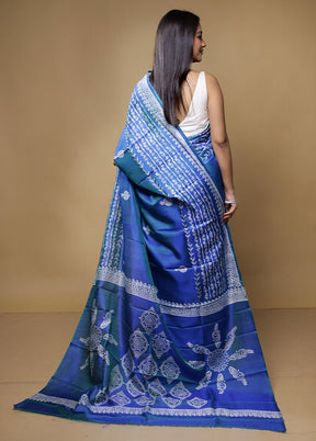 Blue Pure Sonamukhi Printed Silk Saree Without Blouse Piece