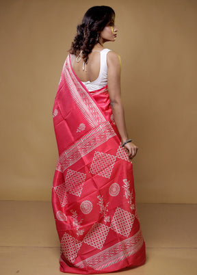 Pink Pure Sonamukhi Printed Silk Saree Without Blouse Piece