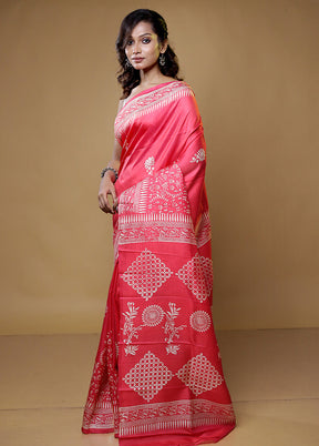 Pink Pure Sonamukhi Printed Silk Saree Without Blouse Piece