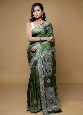 Green Pure Sonamukhi Printed Silk Saree Without Blouse Piece