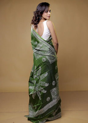 Green Pure Sonamukhi Printed Silk Saree Without Blouse Piece