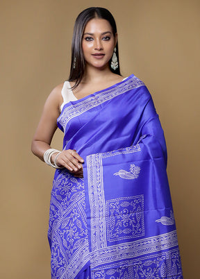 Blue Pure Sonamukhi Printed Silk Saree Without Blouse Piece