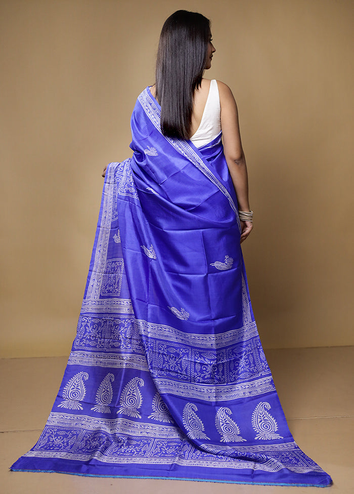 Blue Pure Sonamukhi Printed Silk Saree Without Blouse Piece