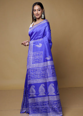 Blue Pure Sonamukhi Printed Silk Saree Without Blouse Piece