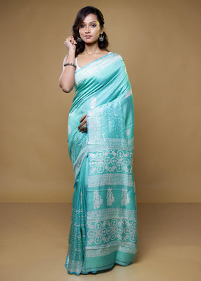 Blue Pure Sonamukhi Printed Silk Saree Without Blouse Piece