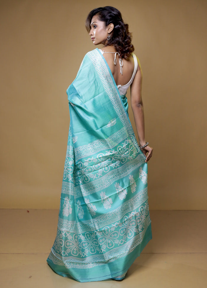 Blue Pure Sonamukhi Printed Silk Saree Without Blouse Piece