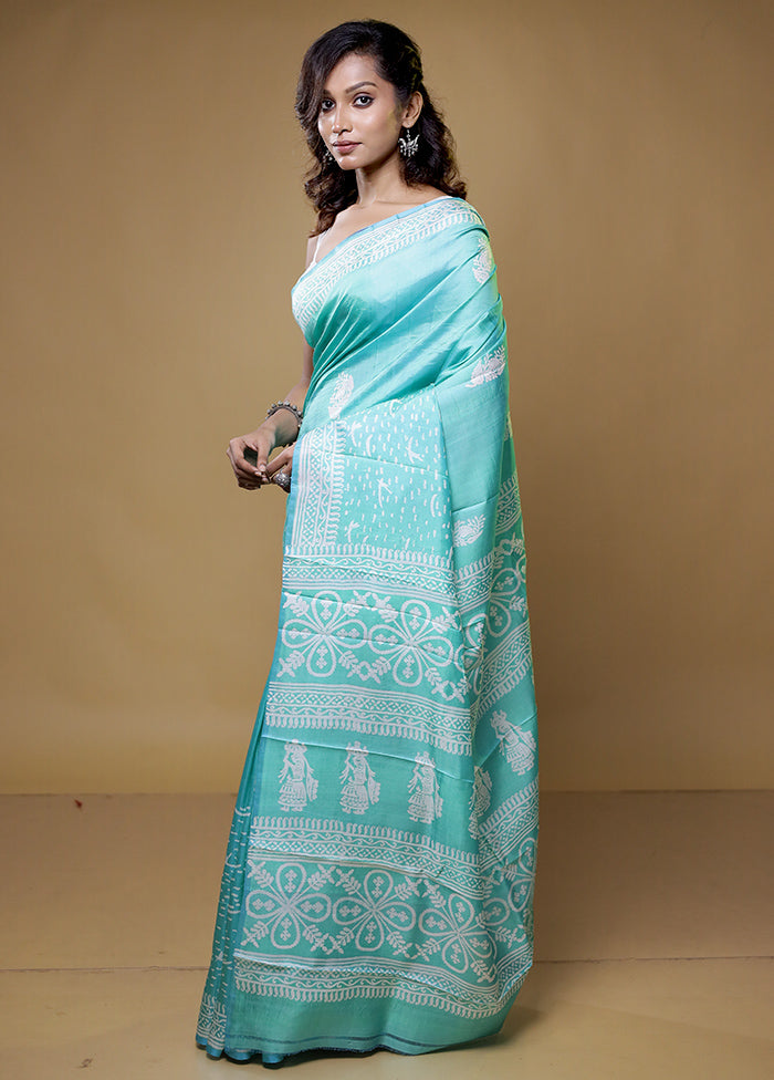 Blue Pure Sonamukhi Printed Silk Saree Without Blouse Piece