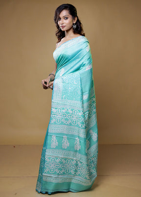 Blue Pure Sonamukhi Printed Silk Saree Without Blouse Piece