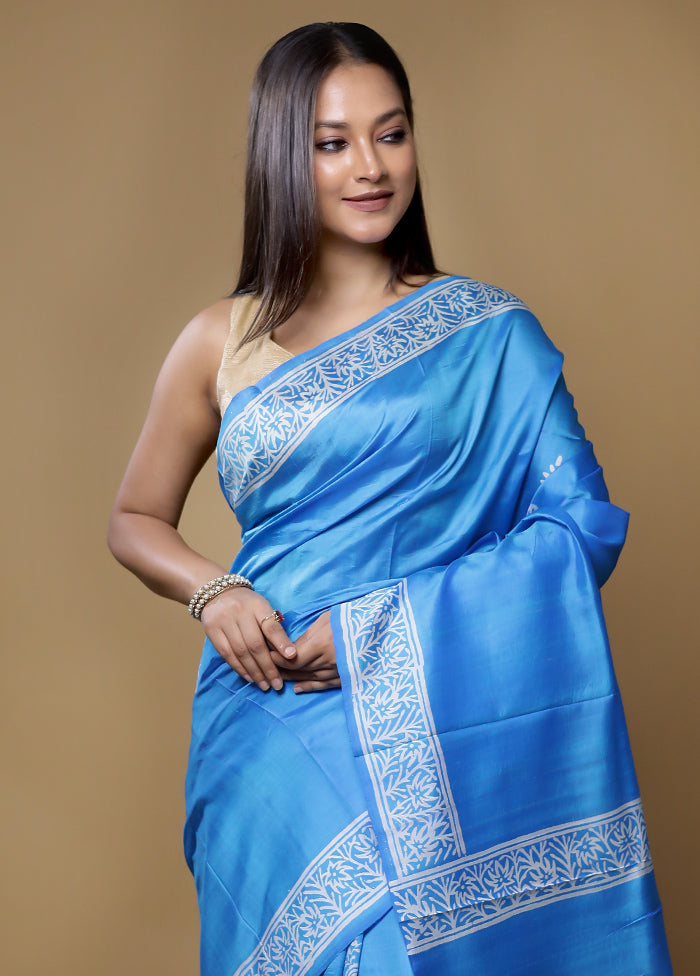 Blue Pure Sonamukhi Printed Silk Saree Without Blouse Piece