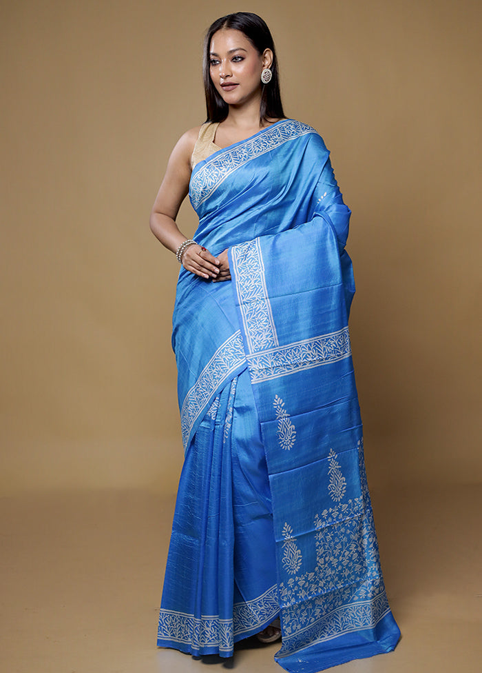 Blue Pure Sonamukhi Printed Silk Saree Without Blouse Piece