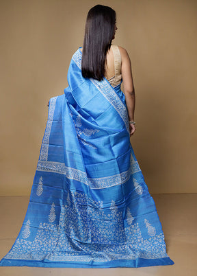 Blue Pure Sonamukhi Printed Silk Saree Without Blouse Piece