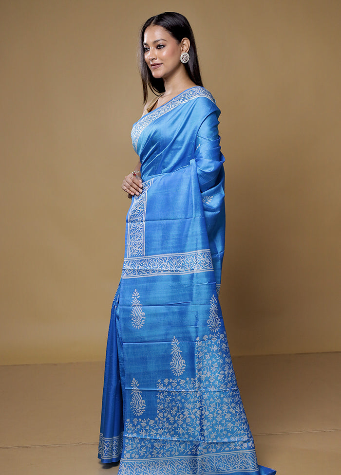 Blue Pure Sonamukhi Printed Silk Saree Without Blouse Piece