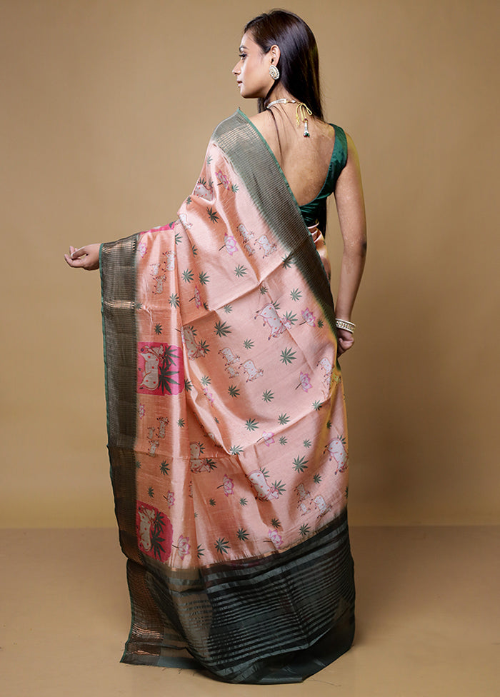 Peach Dupion Silk Saree With Blouse Piece