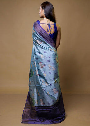 Blue Dupion Silk Saree With Blouse Piece