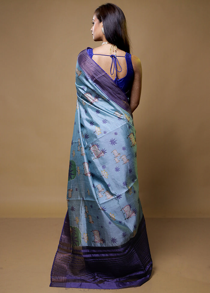 Blue Dupion Silk Saree With Blouse Piece