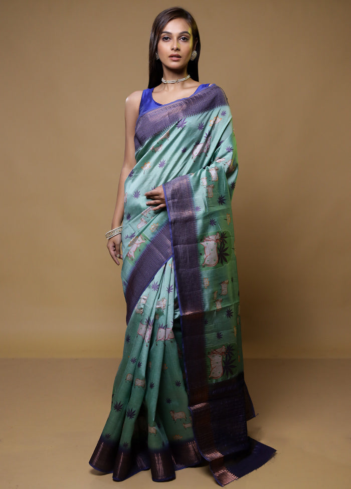 Green Dupion Silk Saree With Blouse Piece