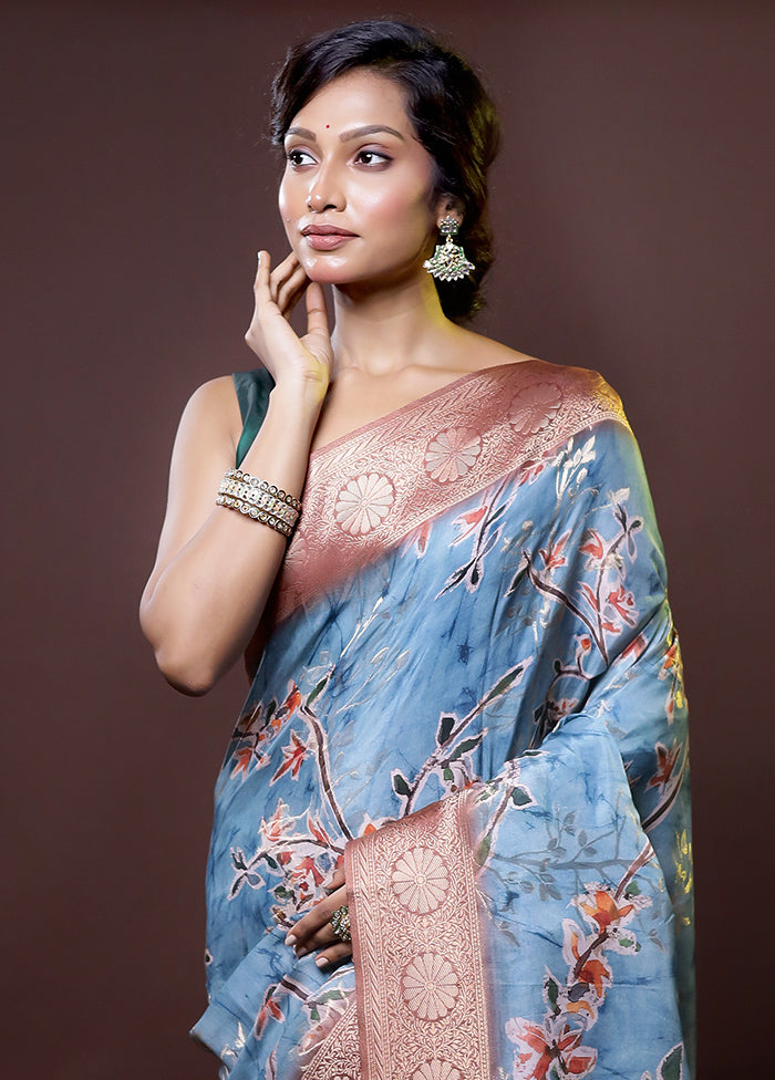 Blue Dupion Silk Saree With Blouse Piece