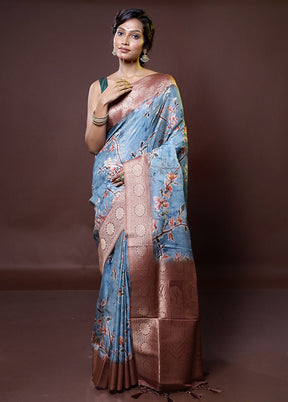 Blue Dupion Silk Saree With Blouse Piece