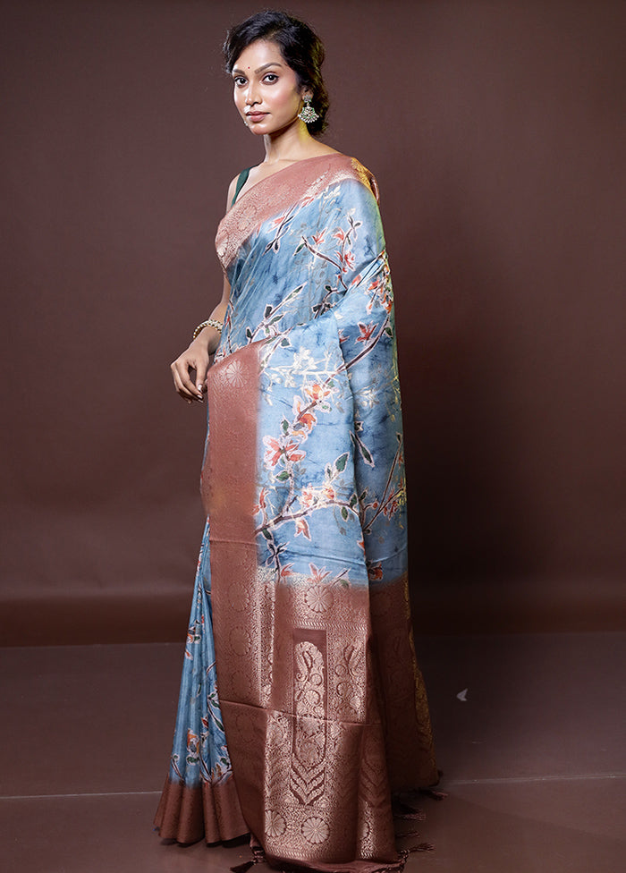 Blue Dupion Silk Saree With Blouse Piece