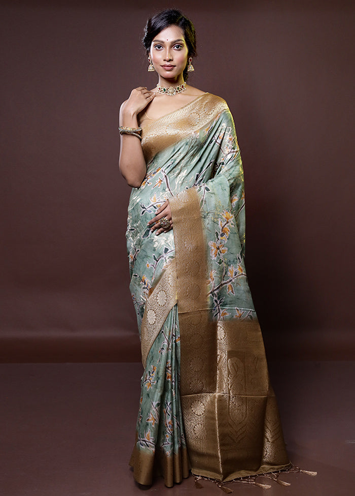 Green Dupion Silk Saree With Blouse Piece