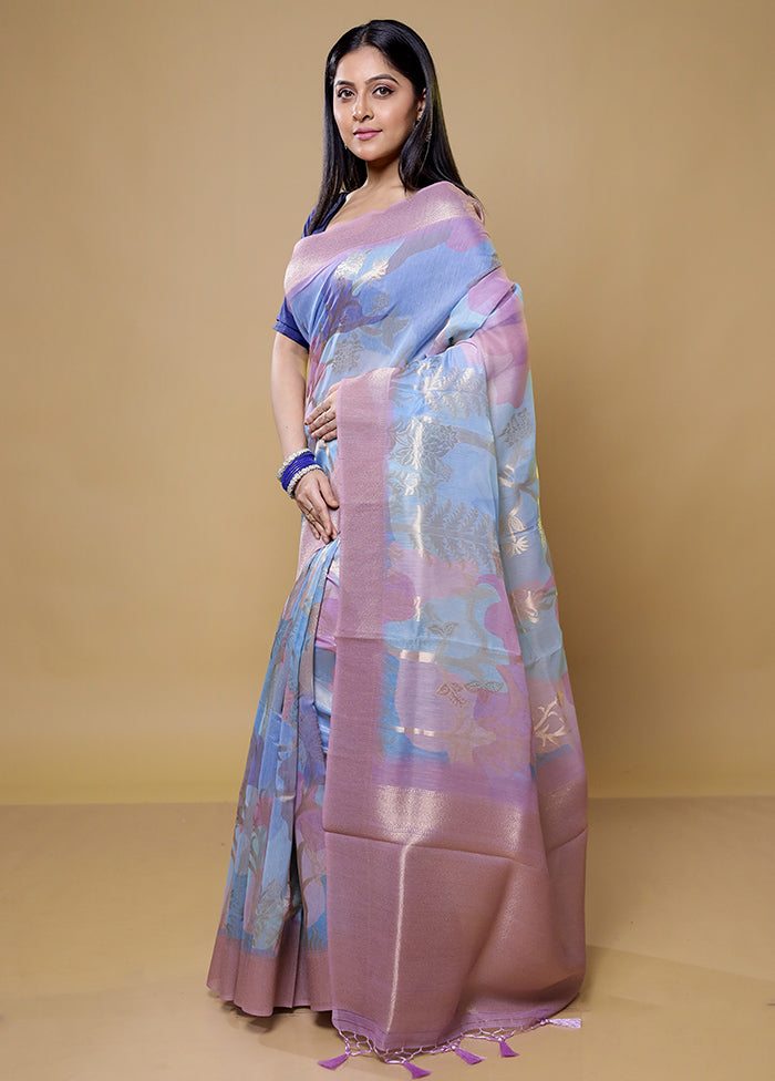 Blue Organza Saree With Blouse Piece