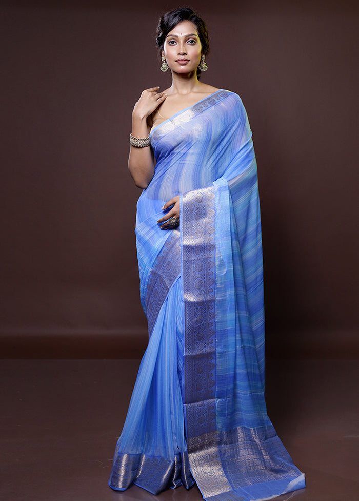 Blue Chiffon Silk Saree With Blouse Piece