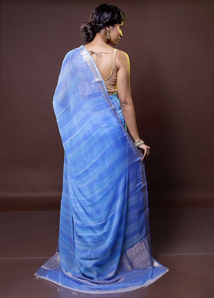 Blue Chiffon Silk Saree With Blouse Piece