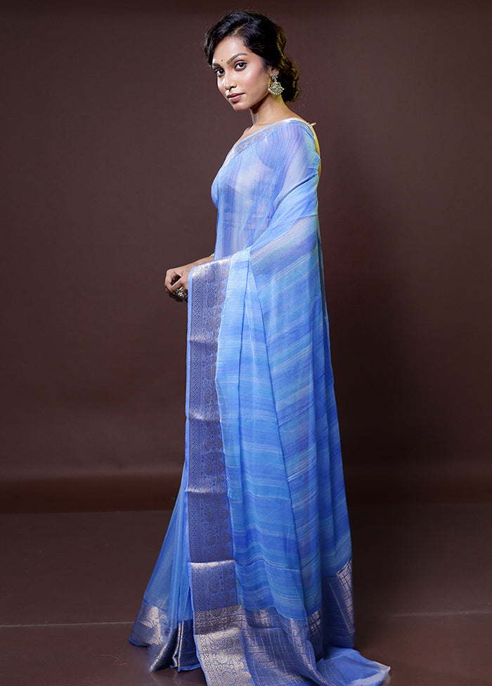 Blue Chiffon Silk Saree With Blouse Piece