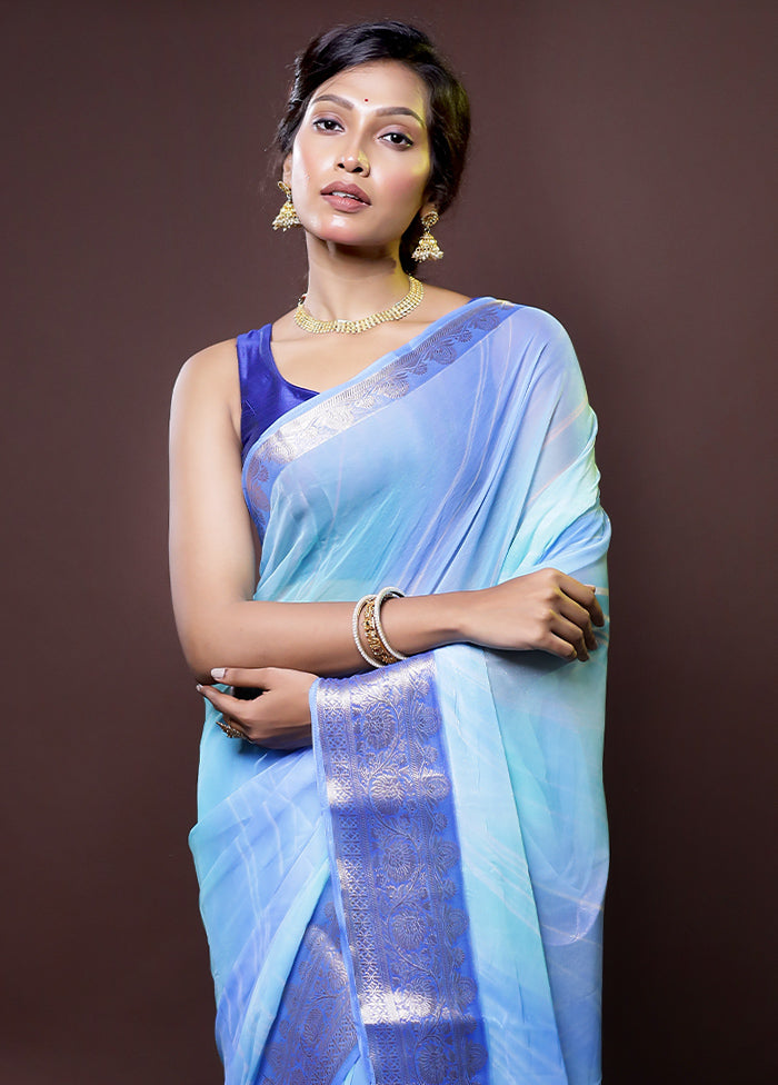 Blue Chiffon Silk Saree With Blouse Piece