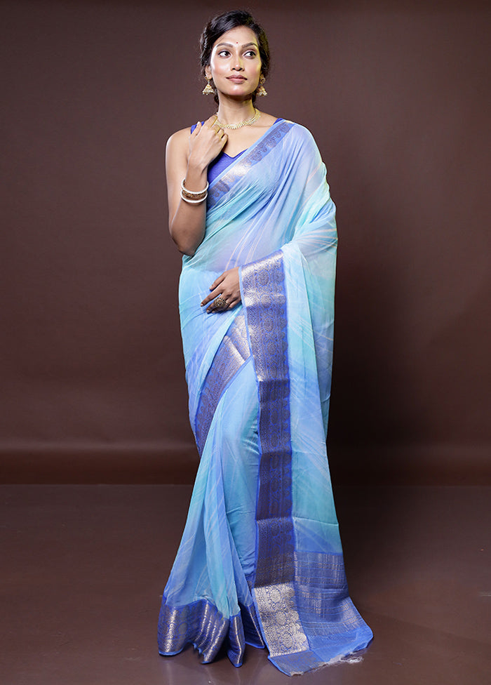 Blue Chiffon Silk Saree With Blouse Piece