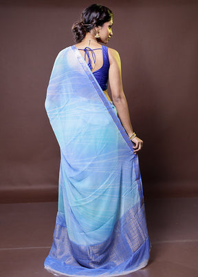 Blue Chiffon Silk Saree With Blouse Piece