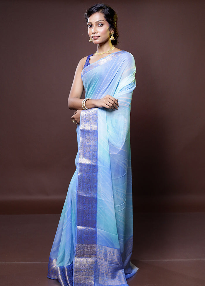 Blue Chiffon Silk Saree With Blouse Piece