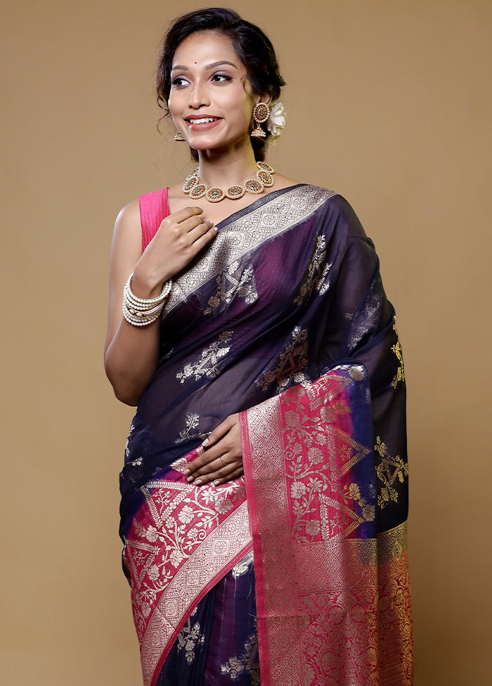 Blue Organza Saree With Blouse Piece