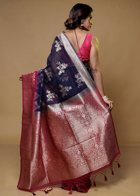 Blue Organza Saree With Blouse Piece