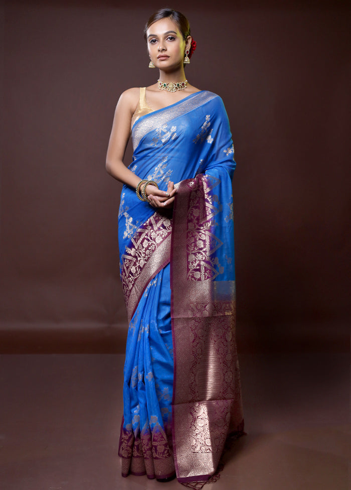 Blue Organza Saree With Blouse Piece