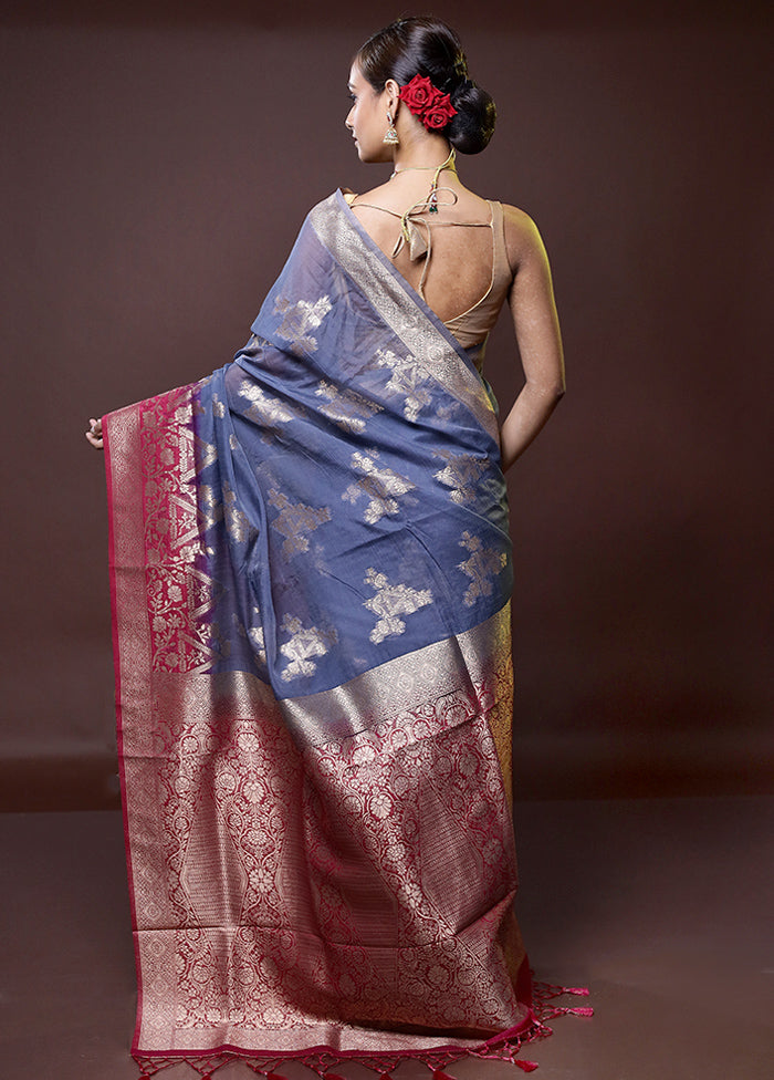 Blue Organza Saree With Blouse Piece